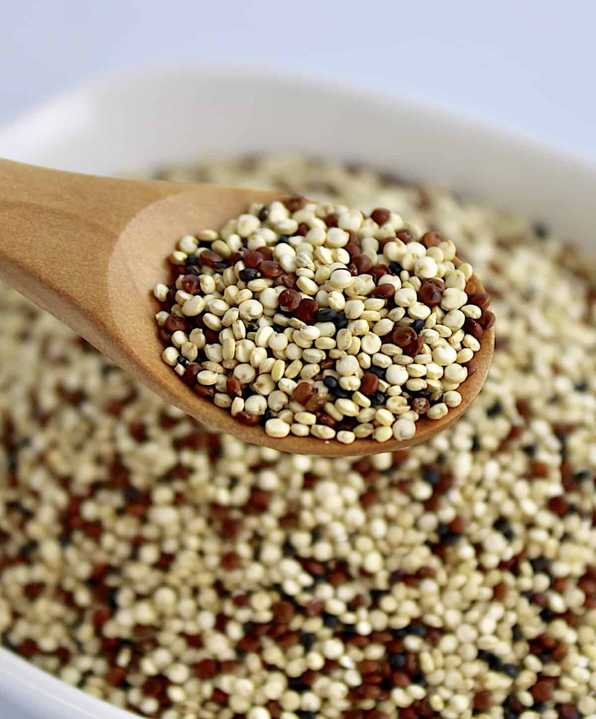uncooked quinoa in bowl with wooden spoonful