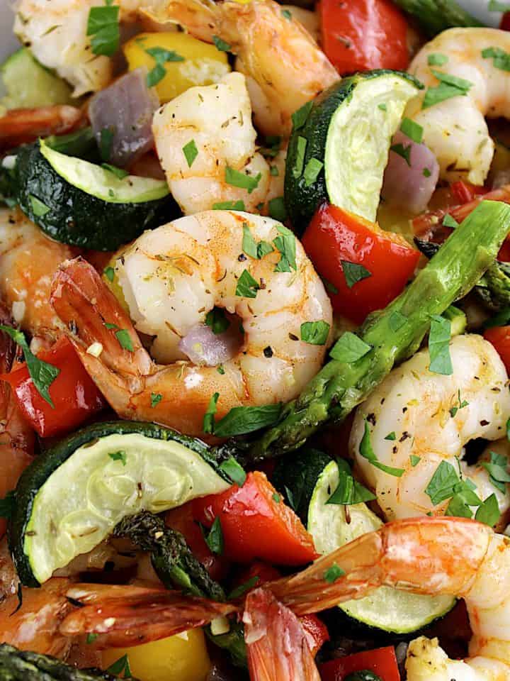 closeup of Sheet Pan Shrimp and Veggies