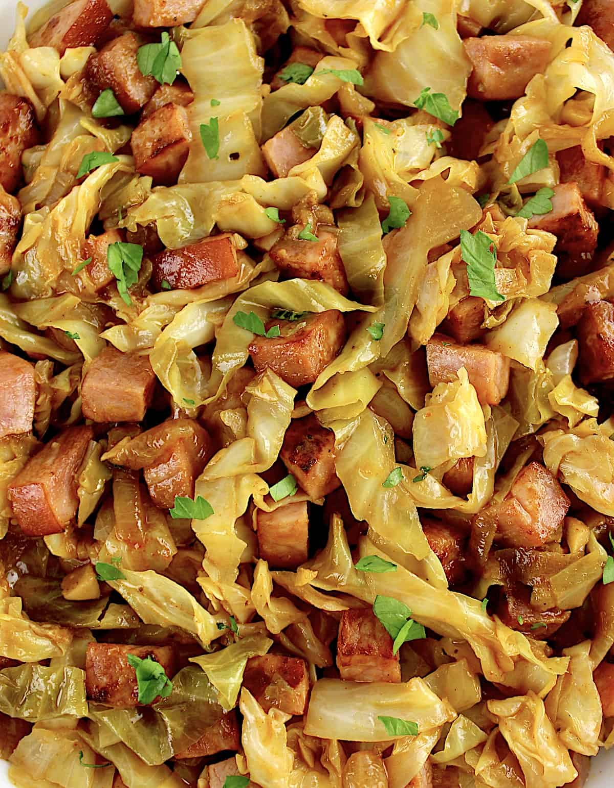 closeup of Fried Cabbage with Ham