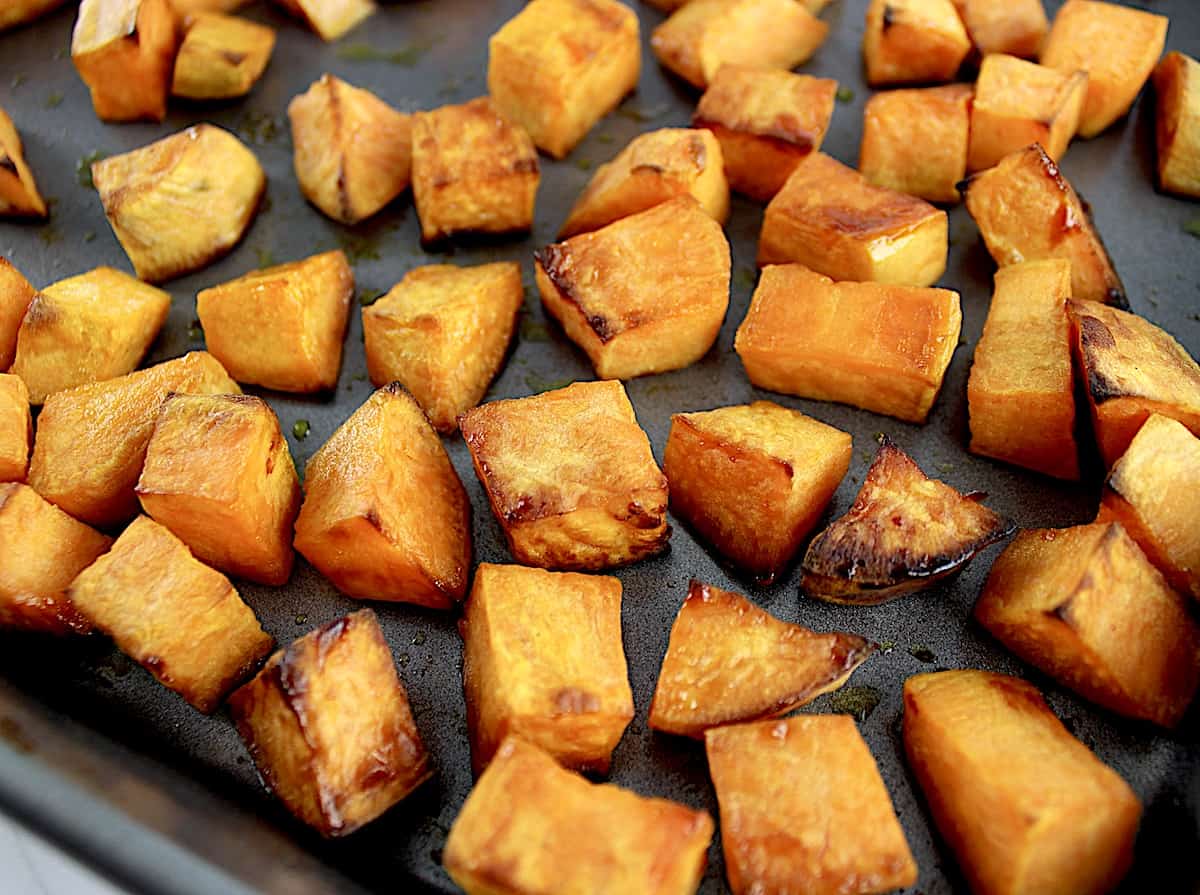 roasted sweet potato on baking sheet
