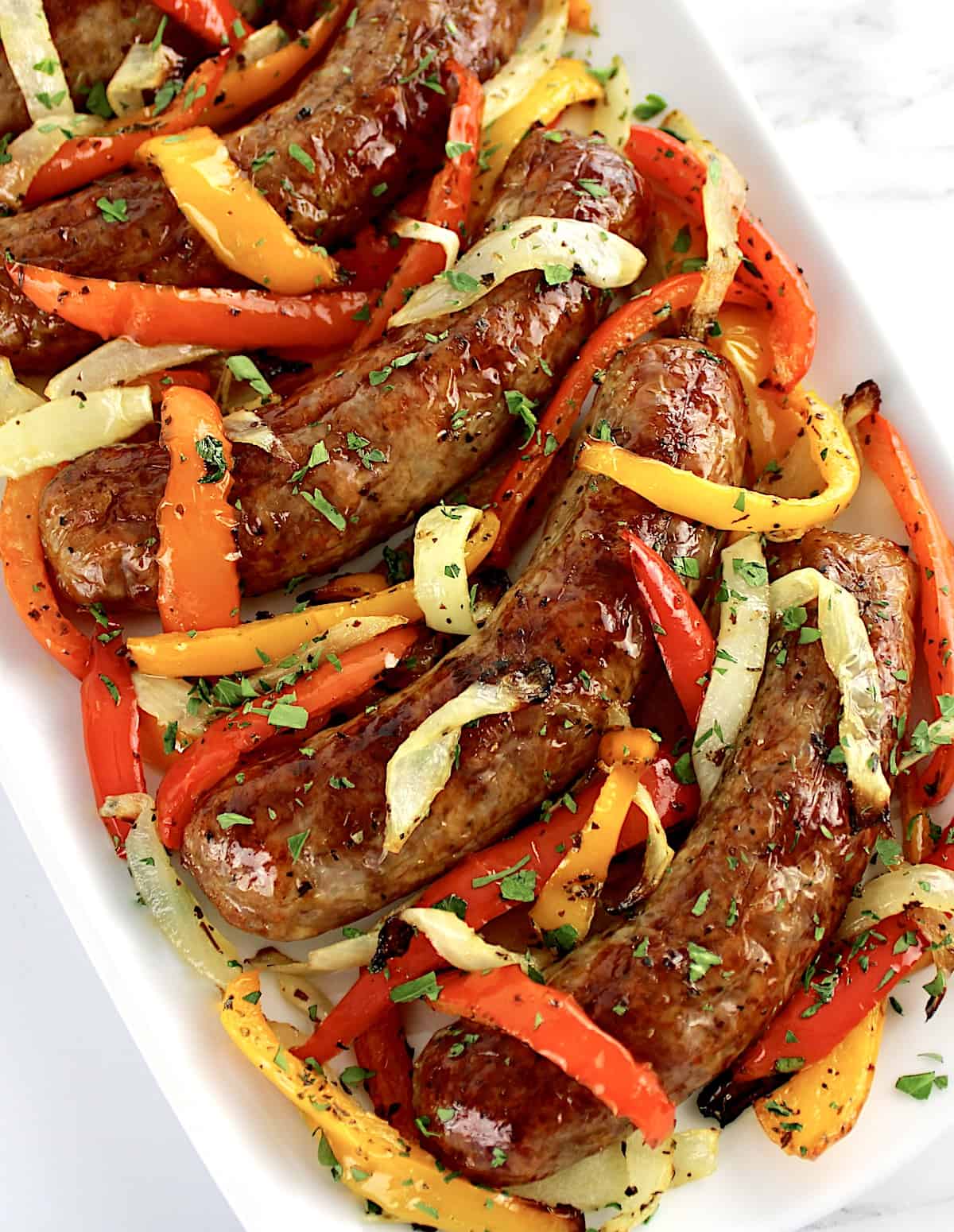 Air Fryer Italian Sausage and Peppers on white plate
