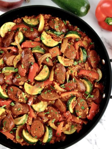 overhead view of Cajun Sausage Skillet