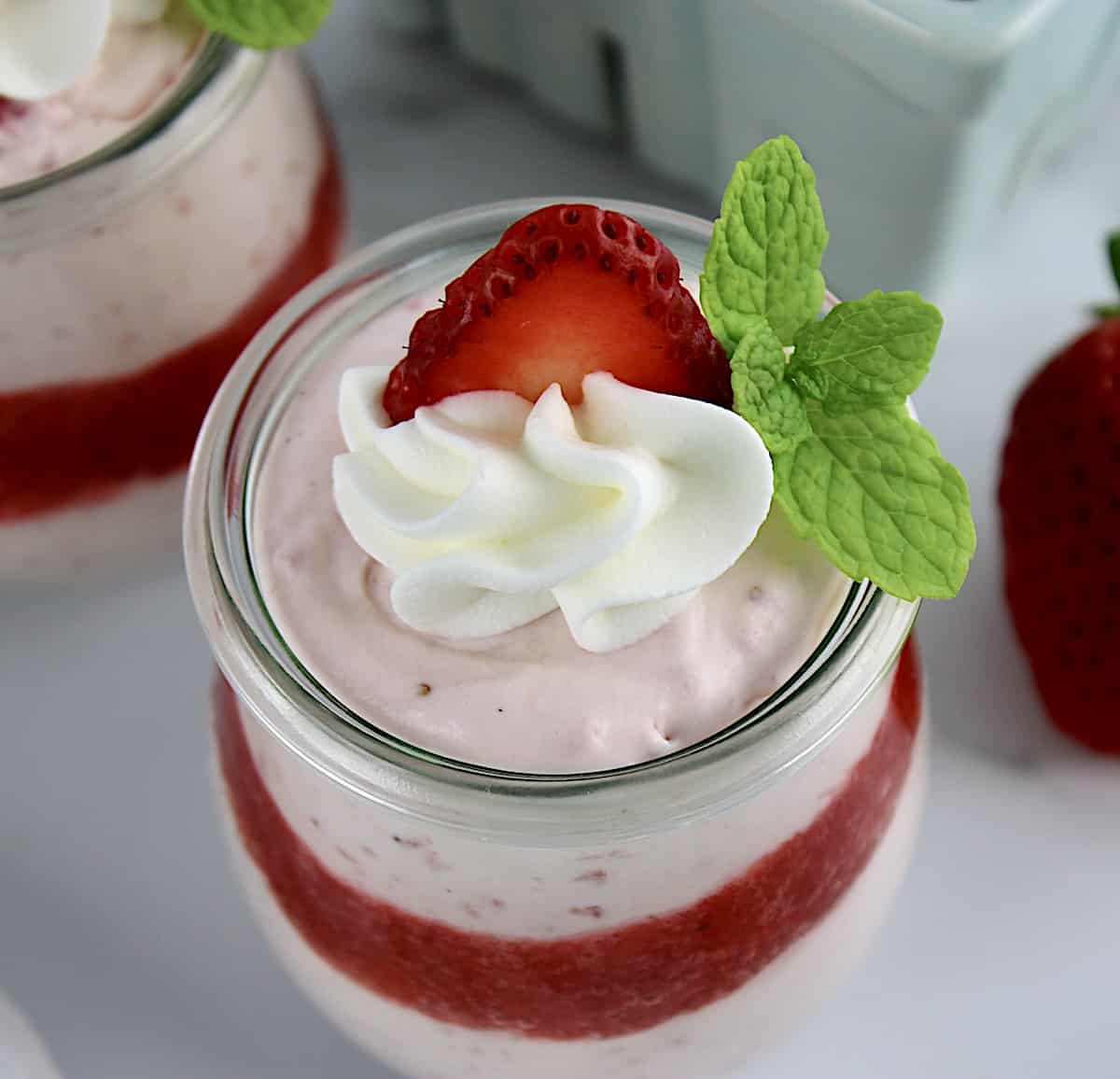 closeup of Easy Strawberry Mousse in glass jar