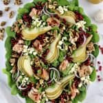 overhead view of Pear and Pomegranate Spinach Salad