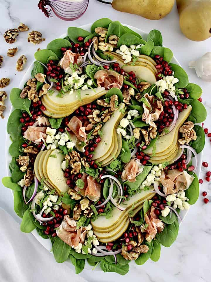 overhead view of Pear and Pomegranate Spinach Salad