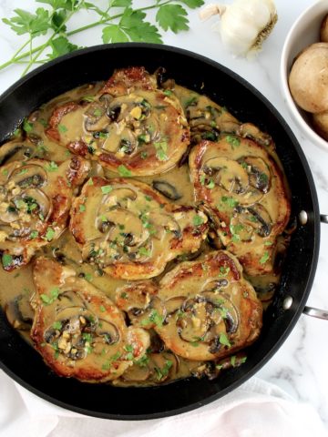 overhead view of pork marsala in skillet