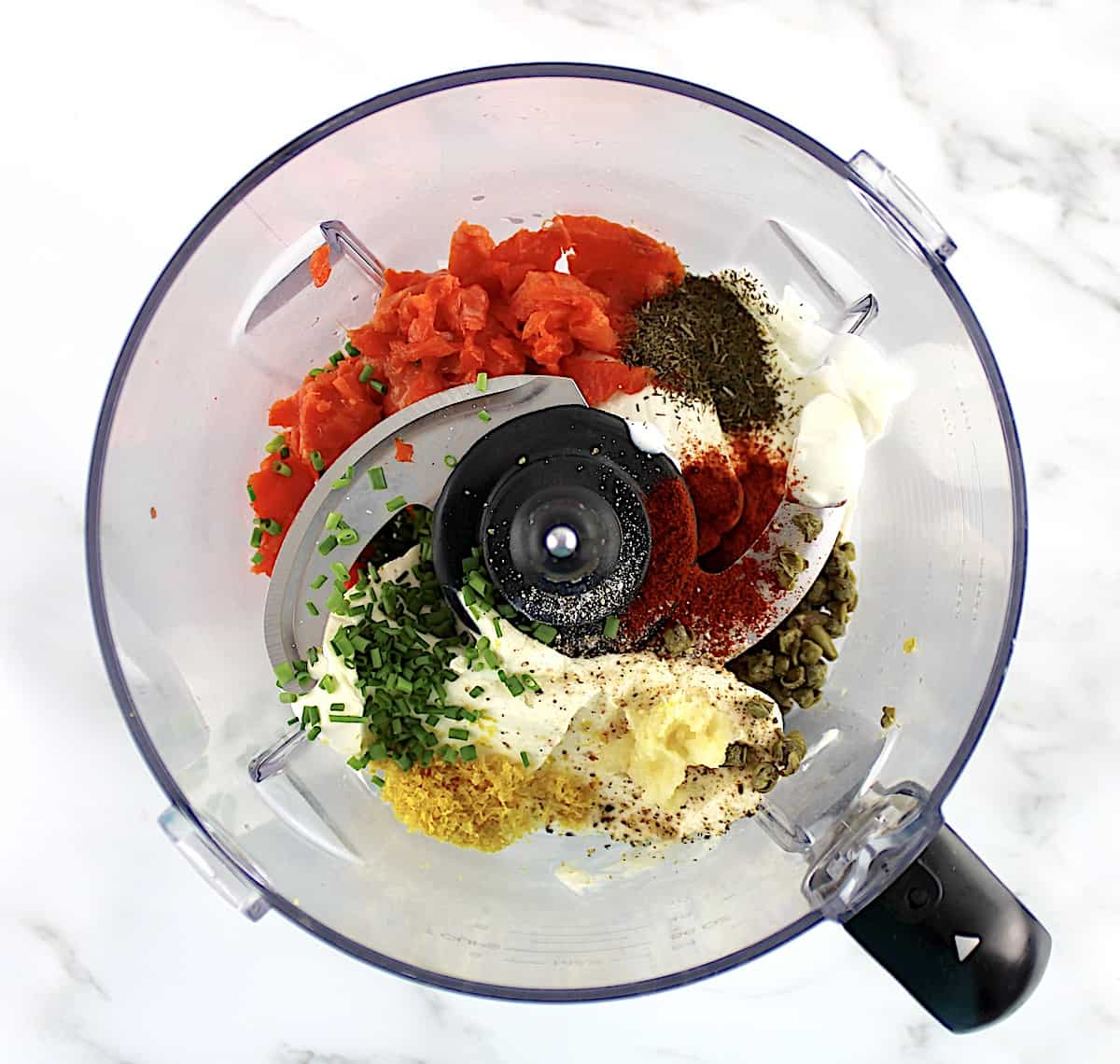 Smoked Salmon Dip ingredients in food processor bowl unmixed
