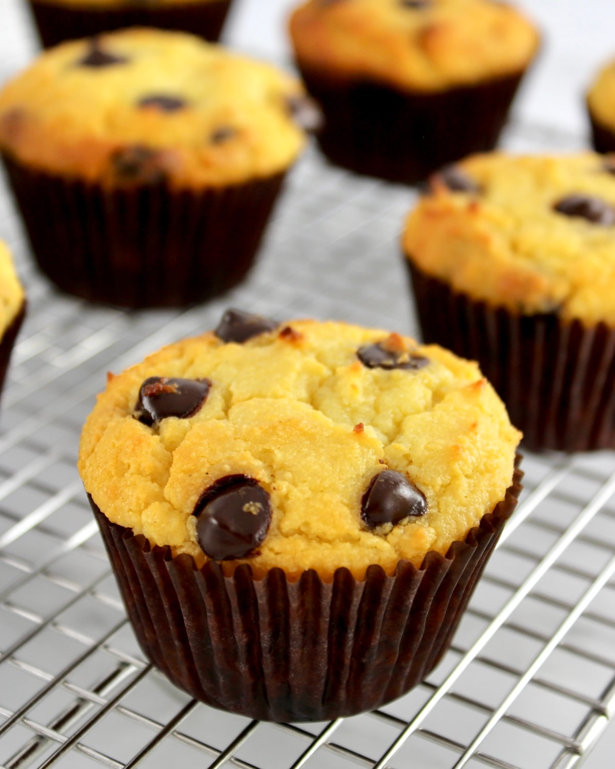 closeup of Ricotta Chocolate Chip Muffins on cooling rack