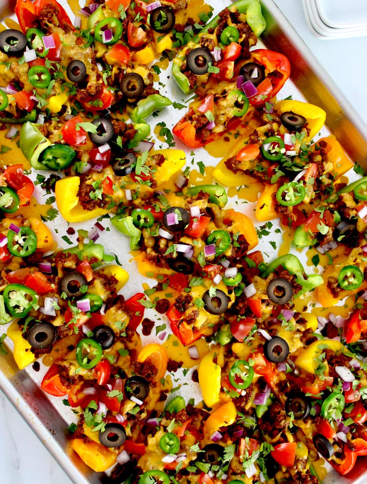 Loaded Bell Pepper Nachos on sheet pan