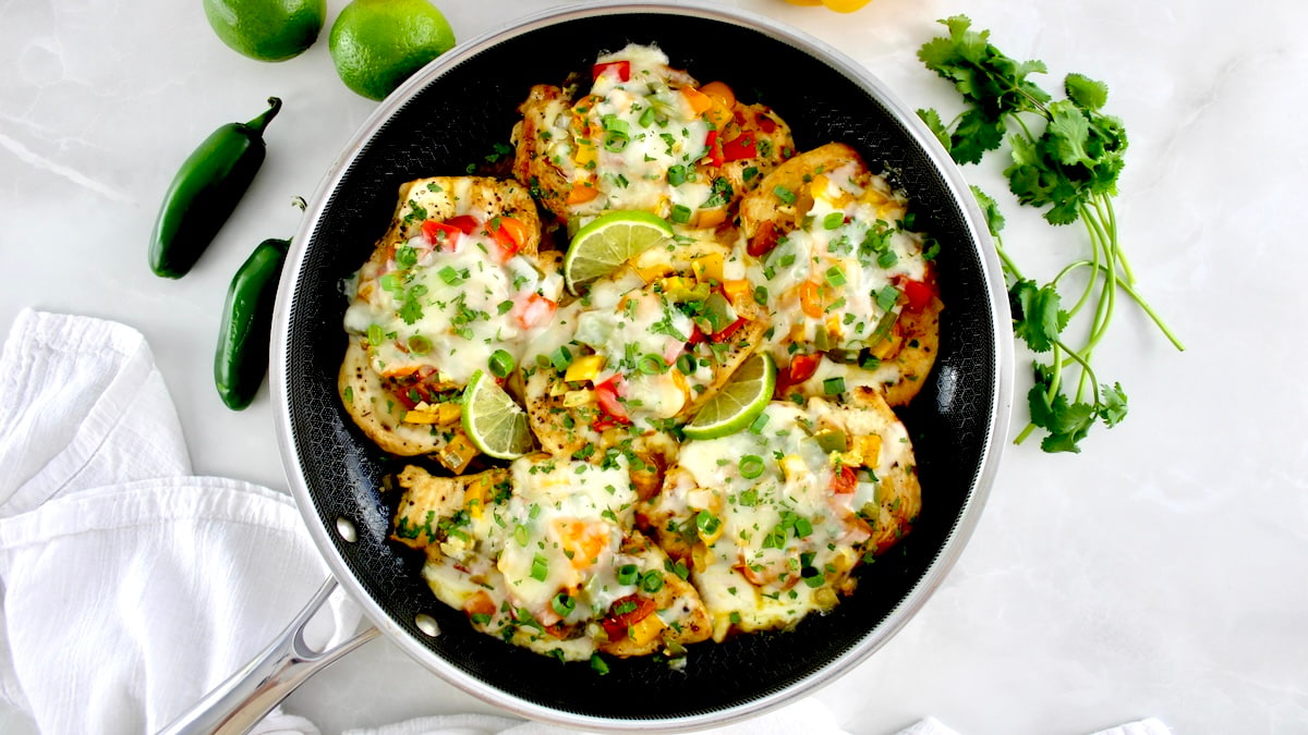 overhead view of Fiesta Chicken Skillet with chopped cilantro