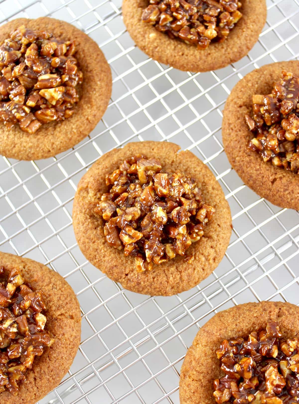 overhead view of Pecan Pie Cookies on cooling rack