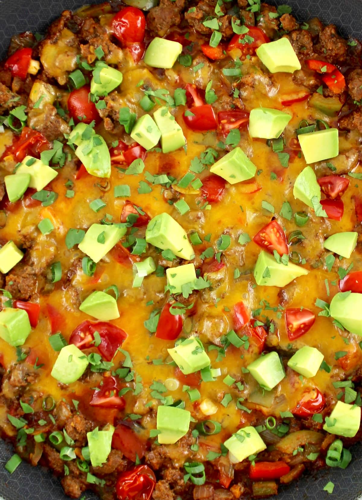 closeup of Taco Skillet with diced avocado on top