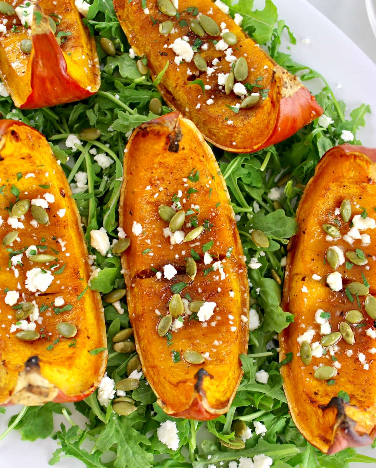 overhead view of Roasted Pumpkin on bed of arugula