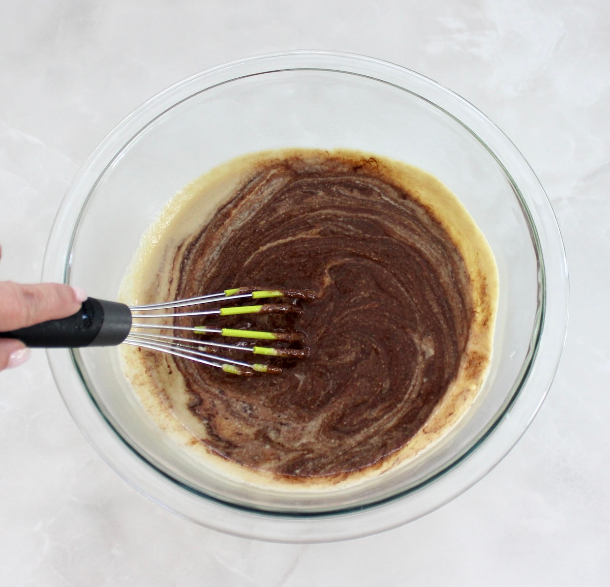 mixing Chocolate Pots de Crème custard in glass bowl