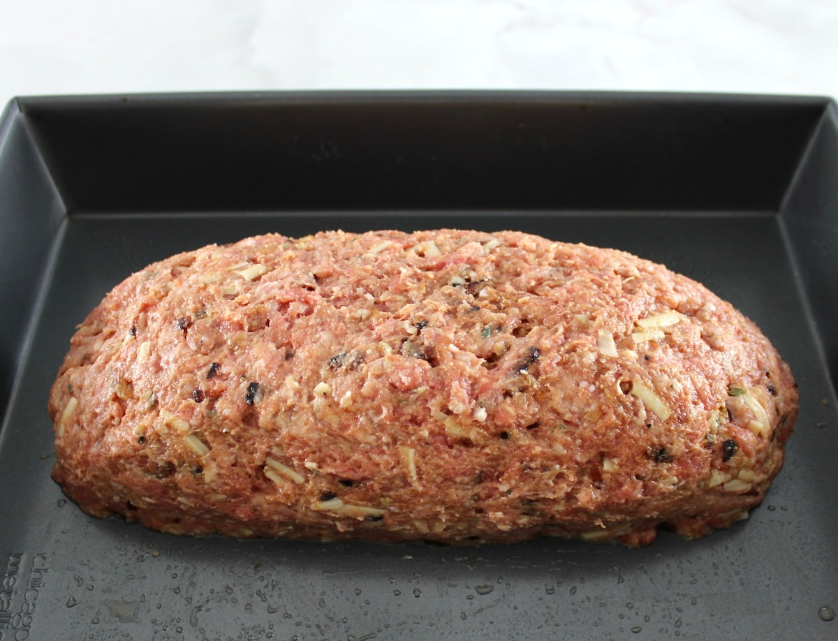 French Onion Meatloaf raw in baking pan