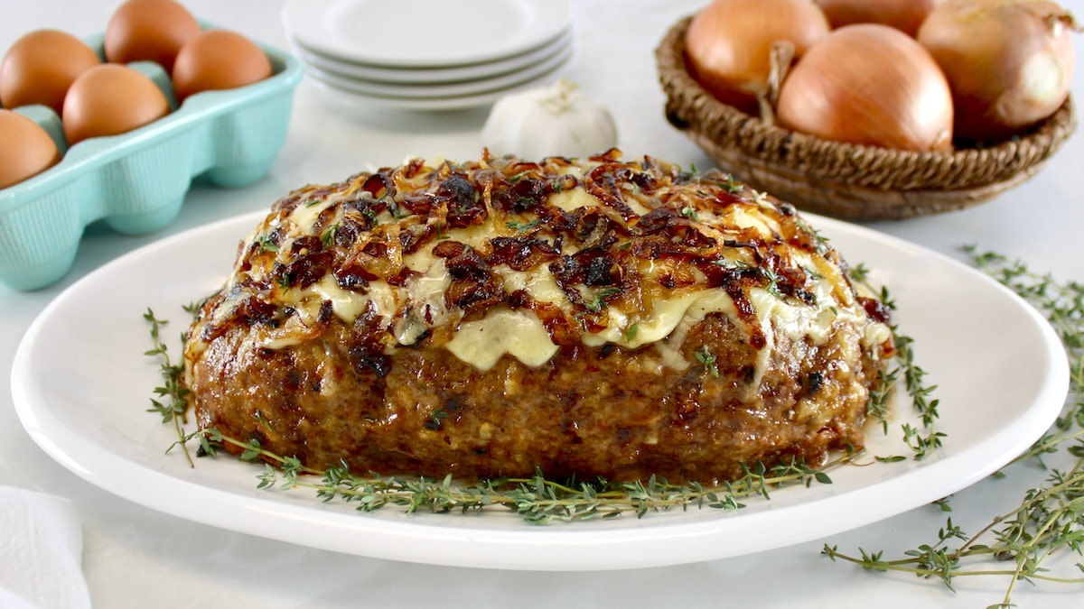 French Onion Meatloaf on white oval platter