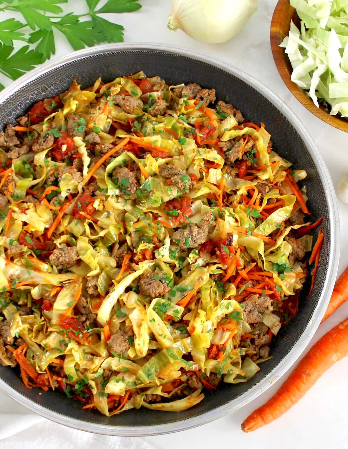 closeup overhead view of Ground Beef and Cabbage Skillet in skillet