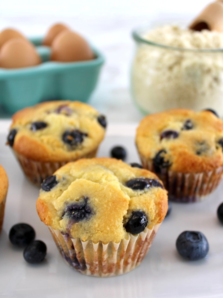 Blueberry Cottage cheese Muffins with almond flour and eggs in back