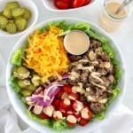 overhead view of Burger Bowl with sauce on top