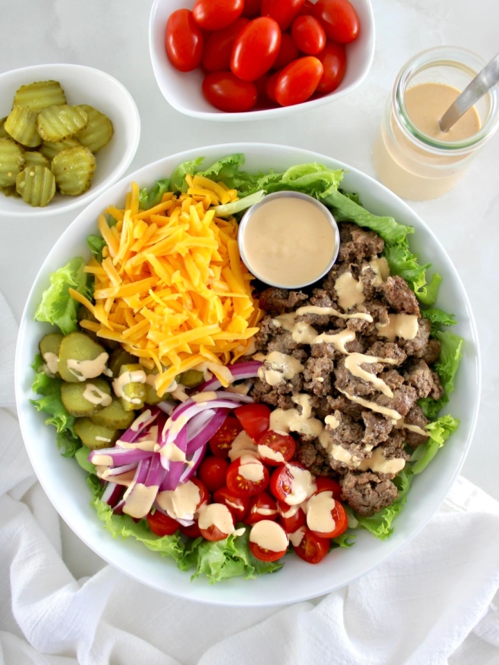 overhead view of Burger Bowl with sauce on top
