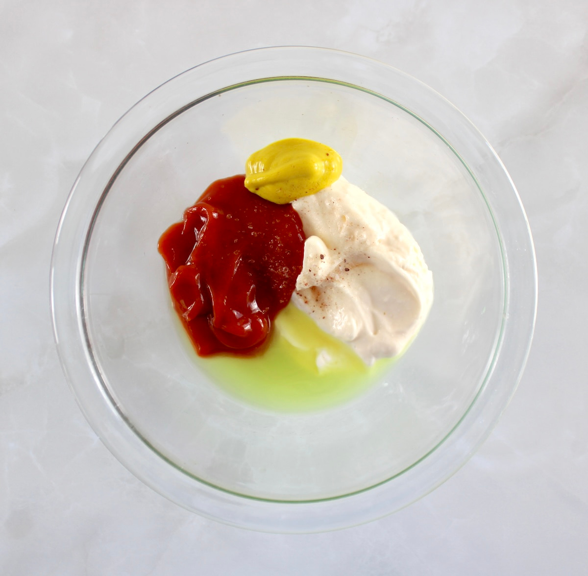 ingredients for Burger Bowl sauce in glass bowl unmixed