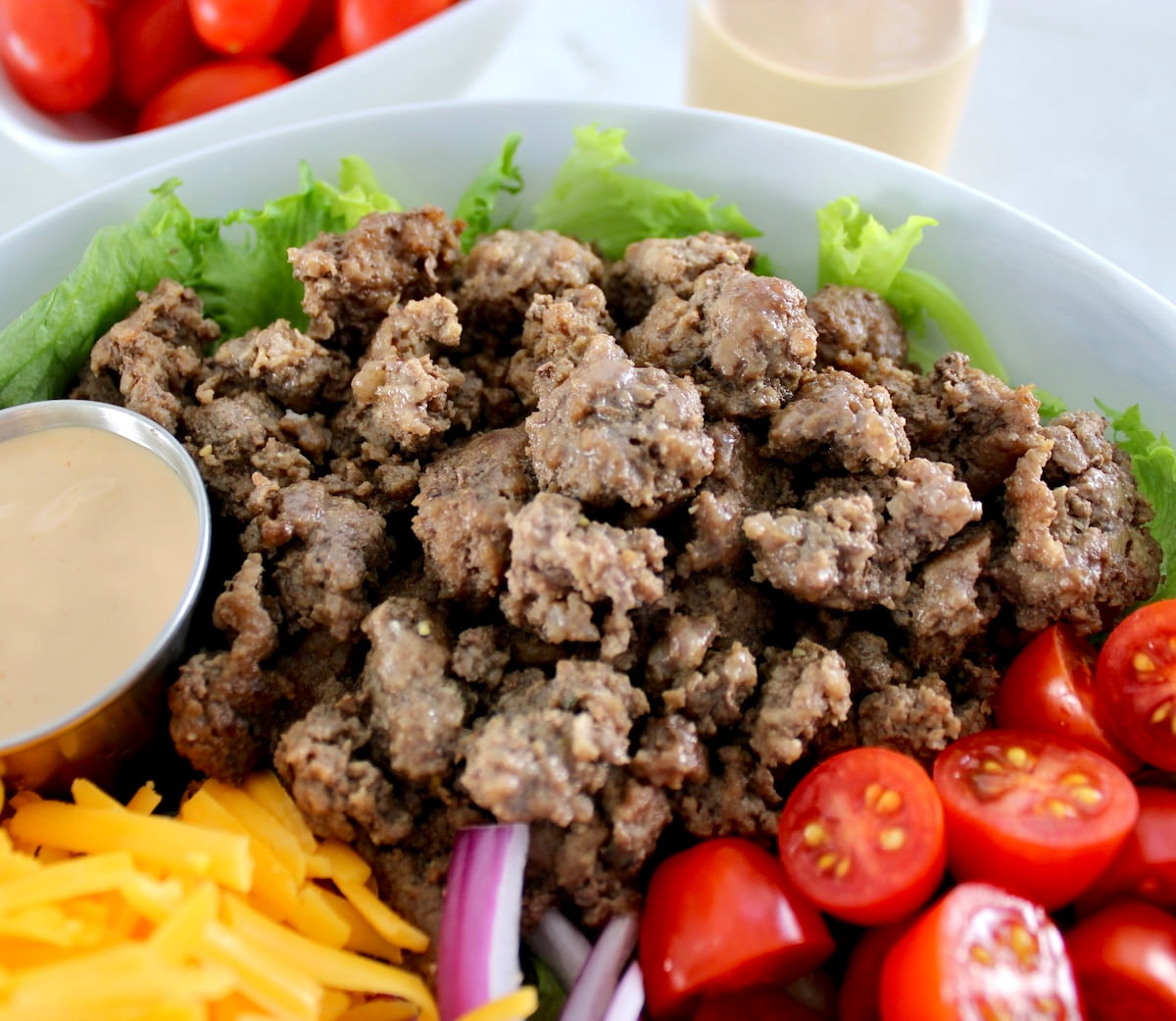 closeup of ground beef in Burger Bowl
