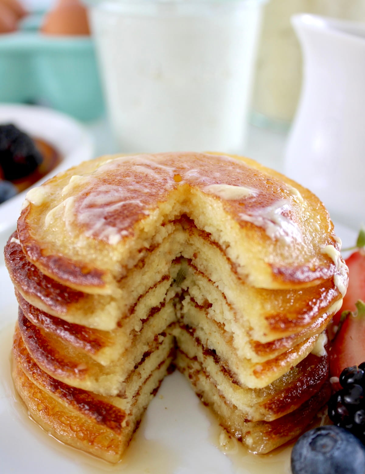 stack of Cottage Cheese Pancakes with bite missing