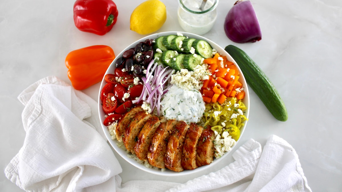 overhead view of Greek Chicken Bowl with veggies in bowl