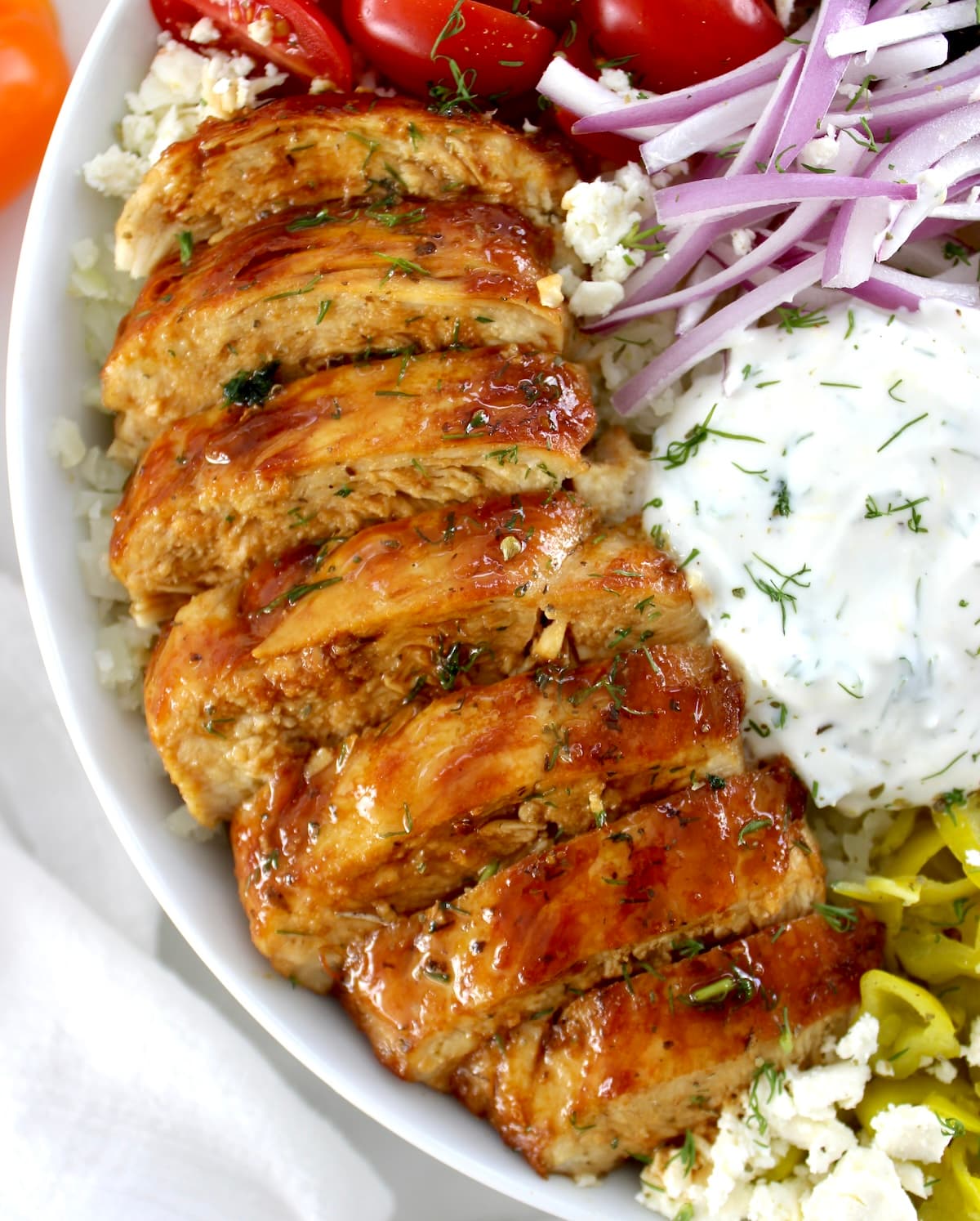 closeup of sliced Greek Chicken