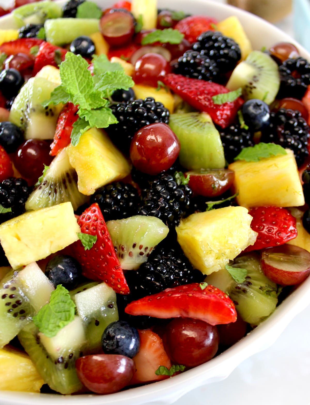 closeup of Easy Fruit Salad in white bowl