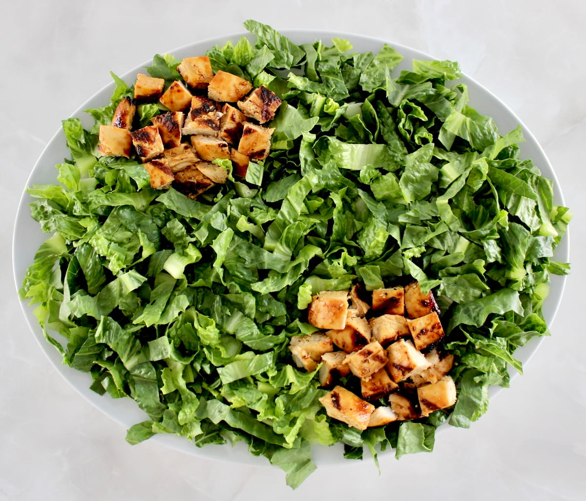 shredded lettuce on top of white oval platter with 2 bunches of diced grilled chicken on top
