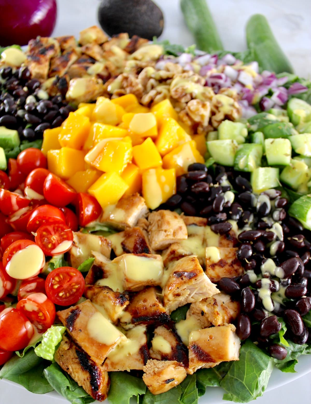 closeup of Chopped Chicken Mango Salad with mango dressing