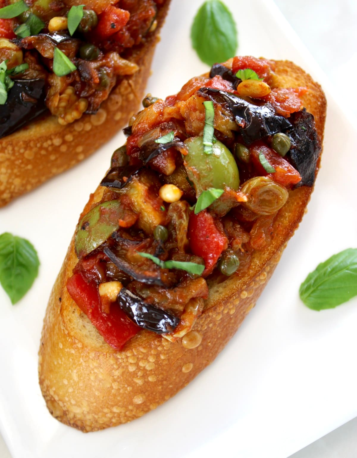 closeup of Eggplant Caponata crostini