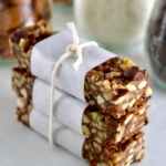 3 No Bake Granola Bars stacked up and wrapped with twine
