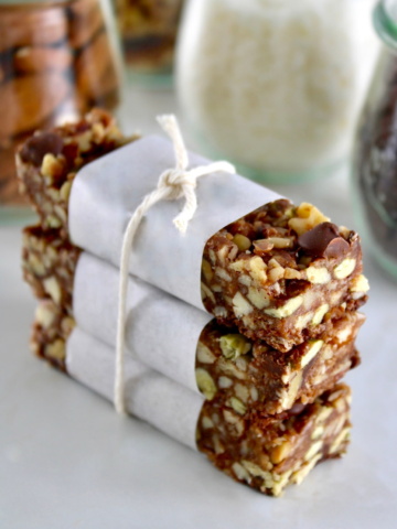 3 No Bake Granola Bars stacked up and wrapped with twine