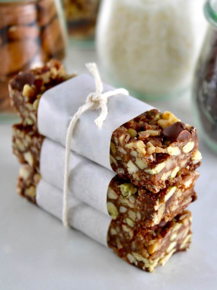 3 No Bake Granola Bars stacked up and wrapped with twine