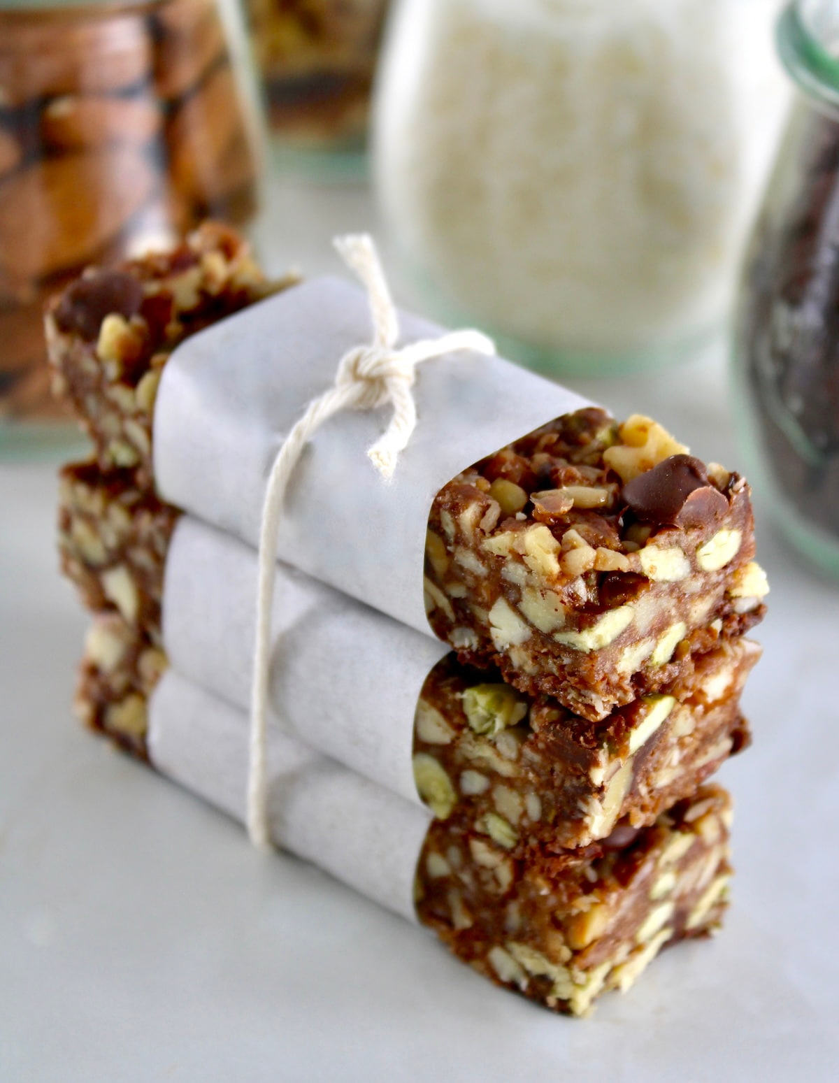 3 No Bake Granola Bars stacked up and wrapped with twine