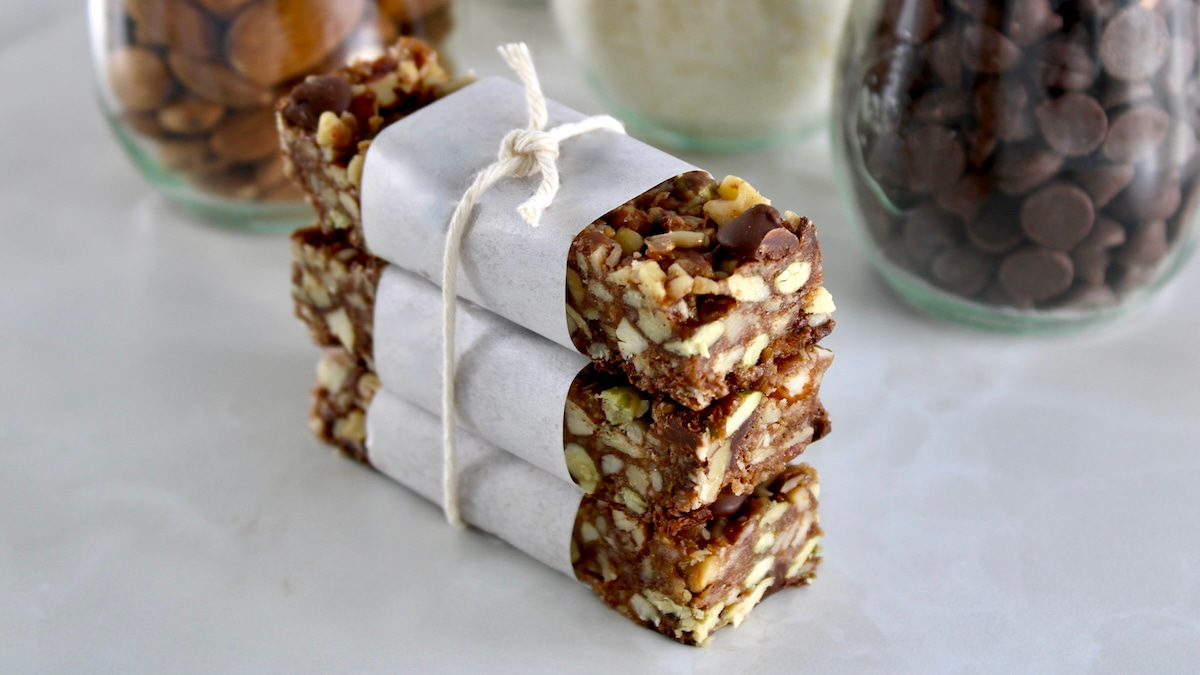 No Bake Granola Bars stacked up and wrapped with twine