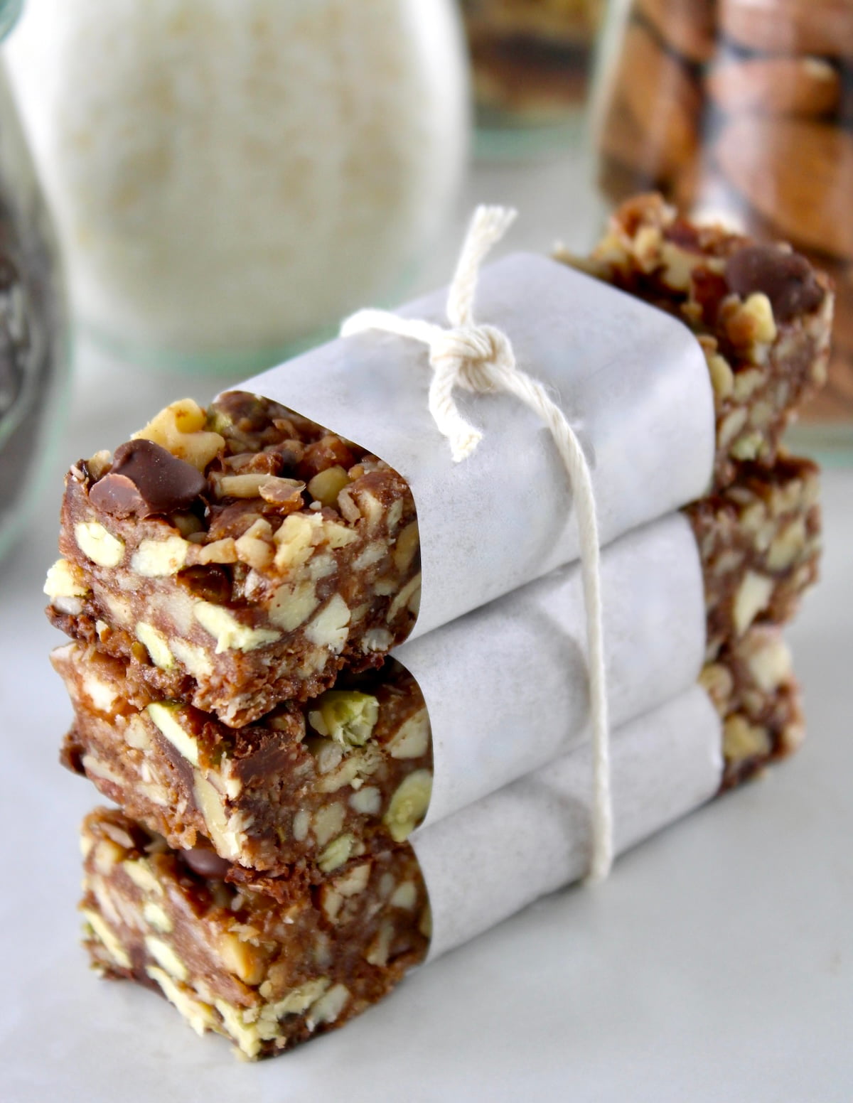 3 No Bake Granola Bars stacked up and wrapped with twine