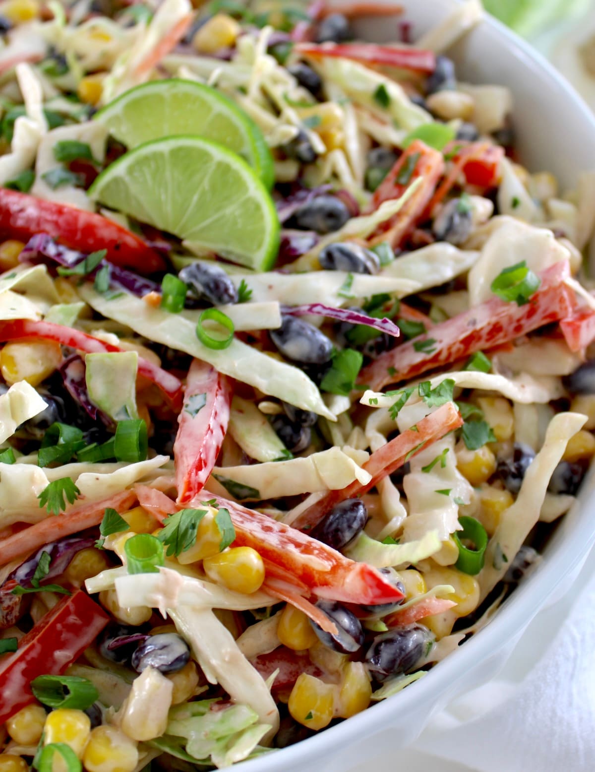 closeup of Cowboy Coleslaw in white bowl