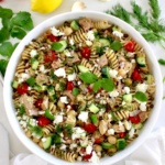 Chickpea Tuna Pasta Salad in white bowl