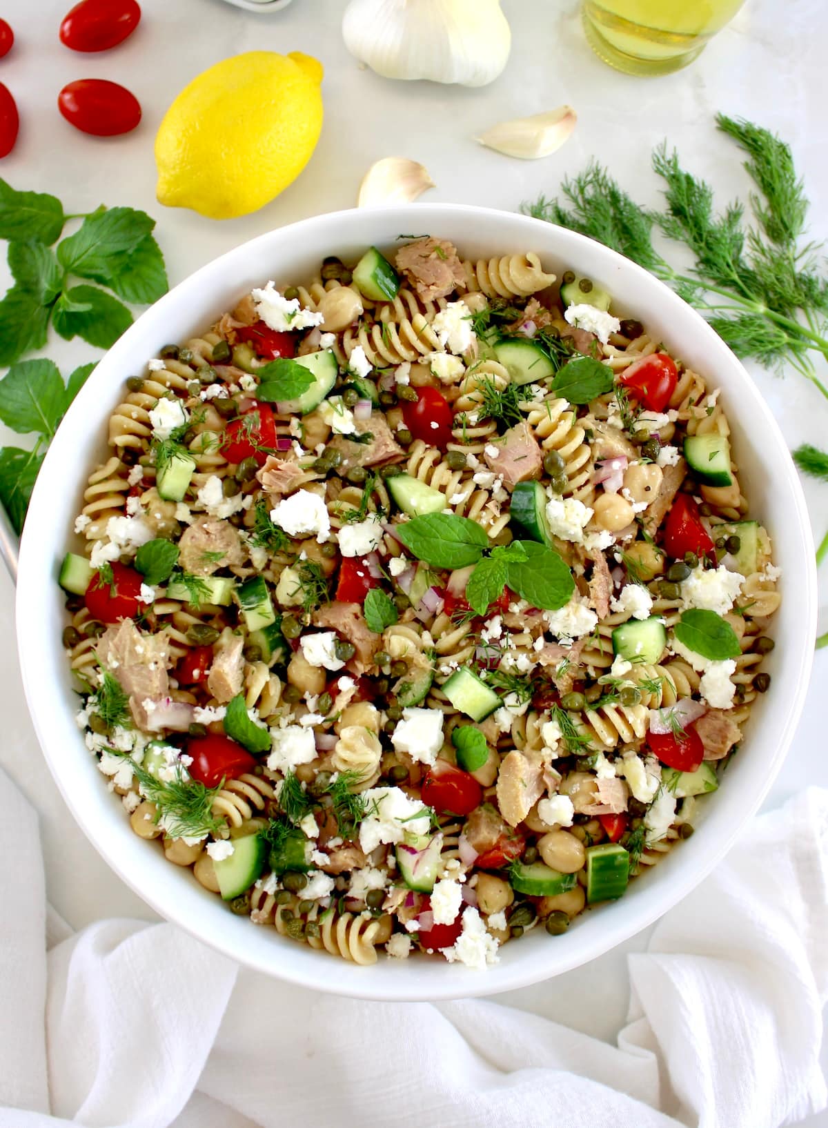 Chickpea Tuna Pasta Salad in white bowl