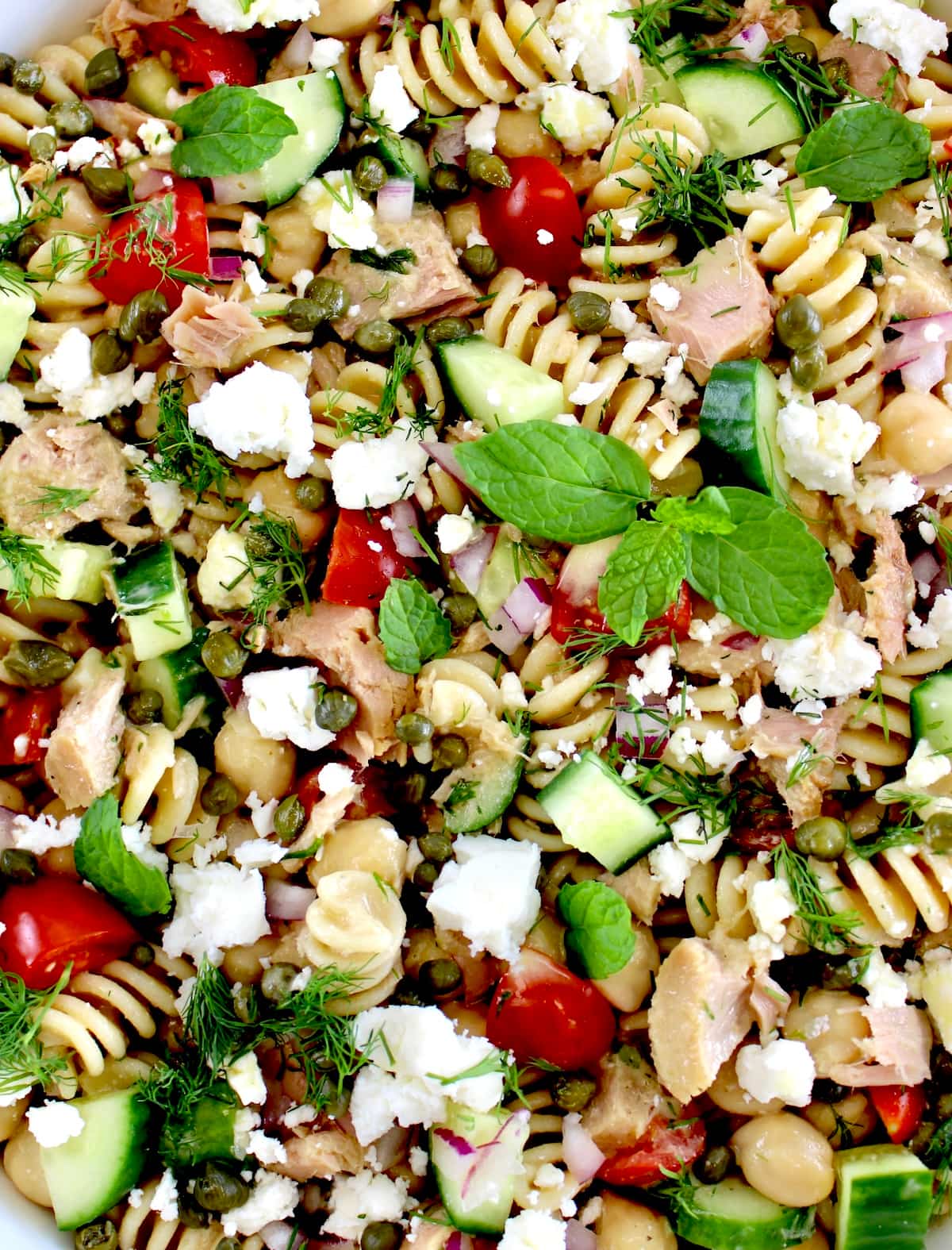 closeup of Chickpea Tuna Pasta Salad