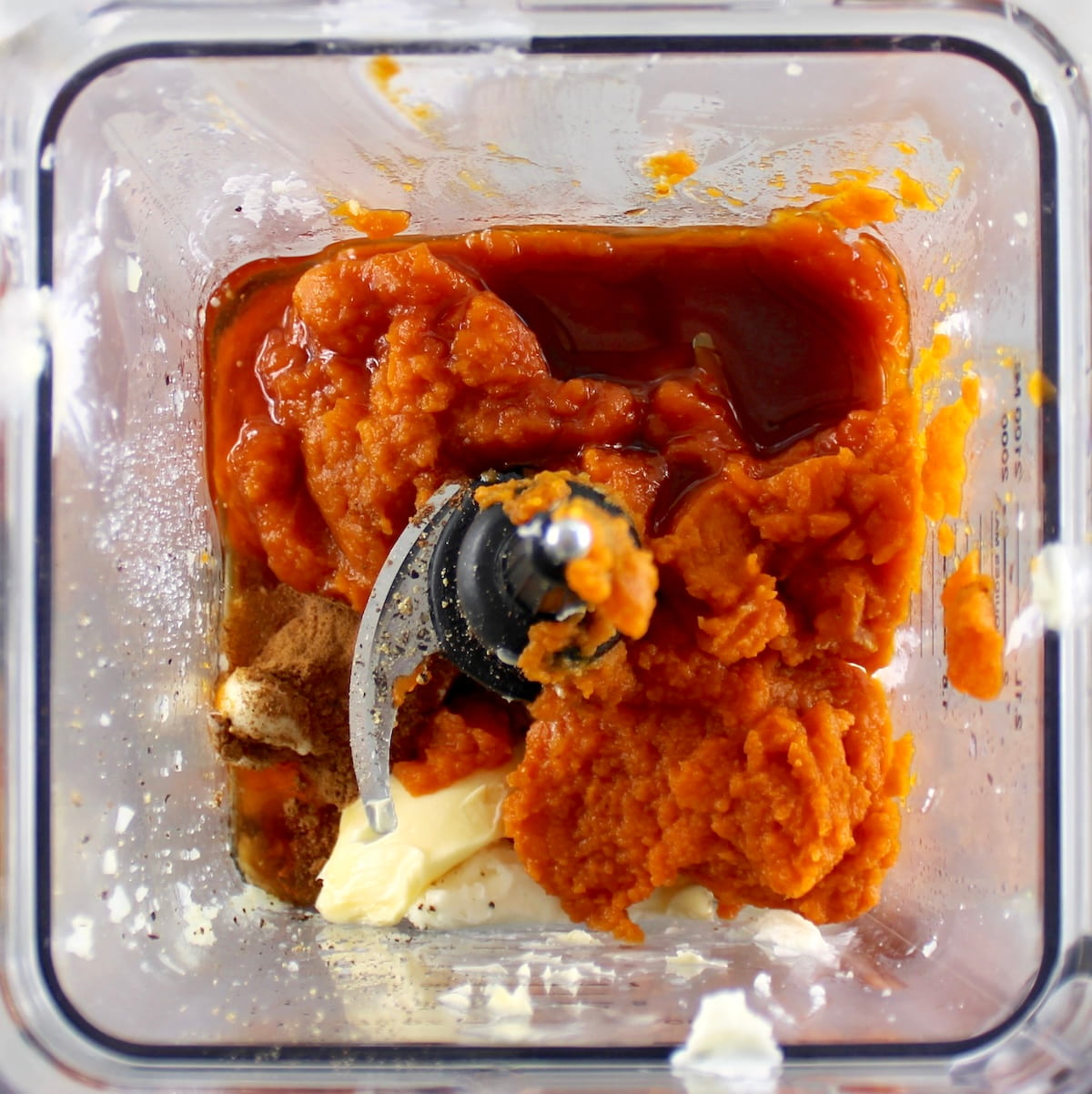 Pumpkin Casserole ingredients in blender unmixed