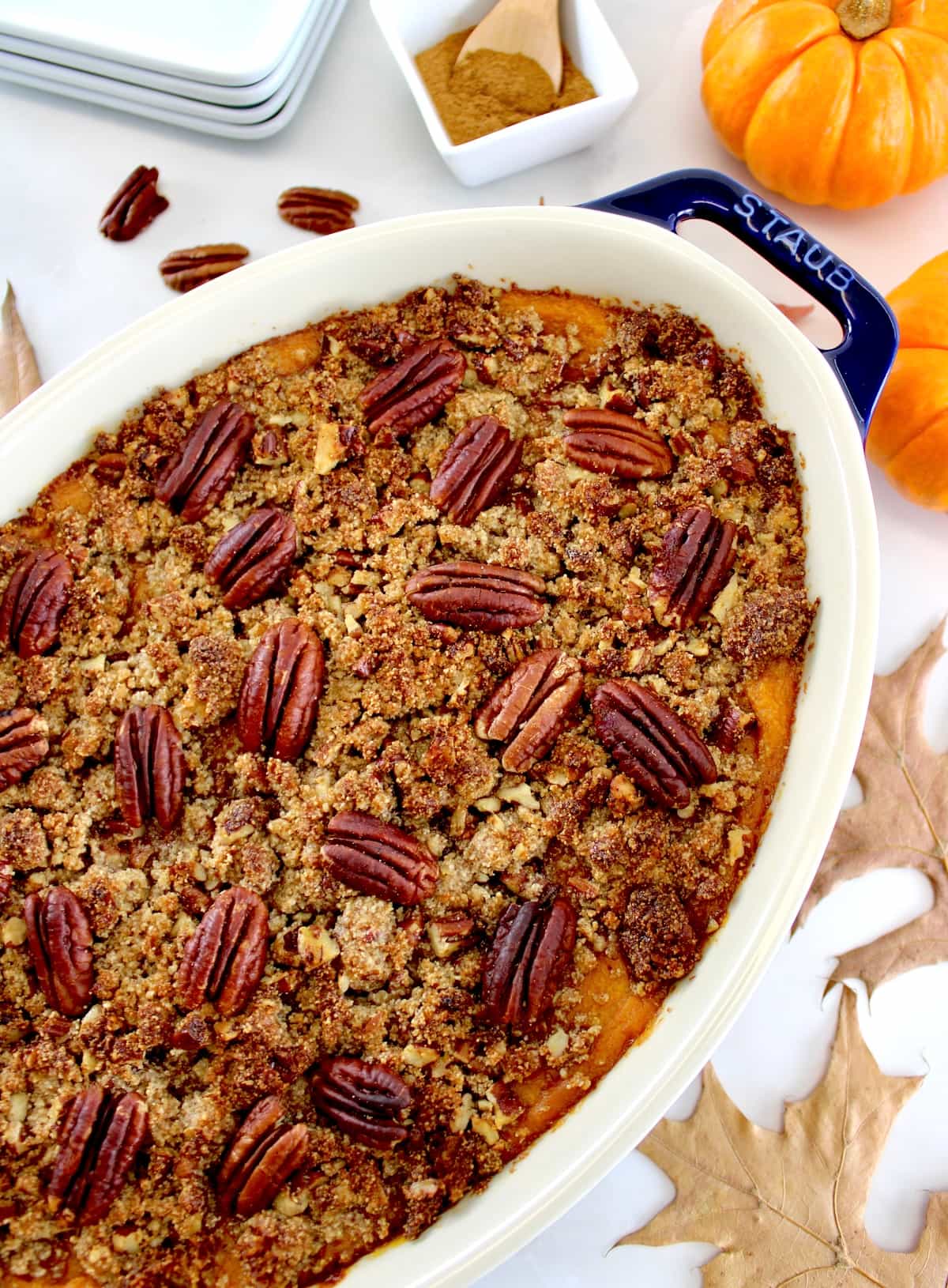 overhead closeup of Pumpkin Casserole in oval baking dish